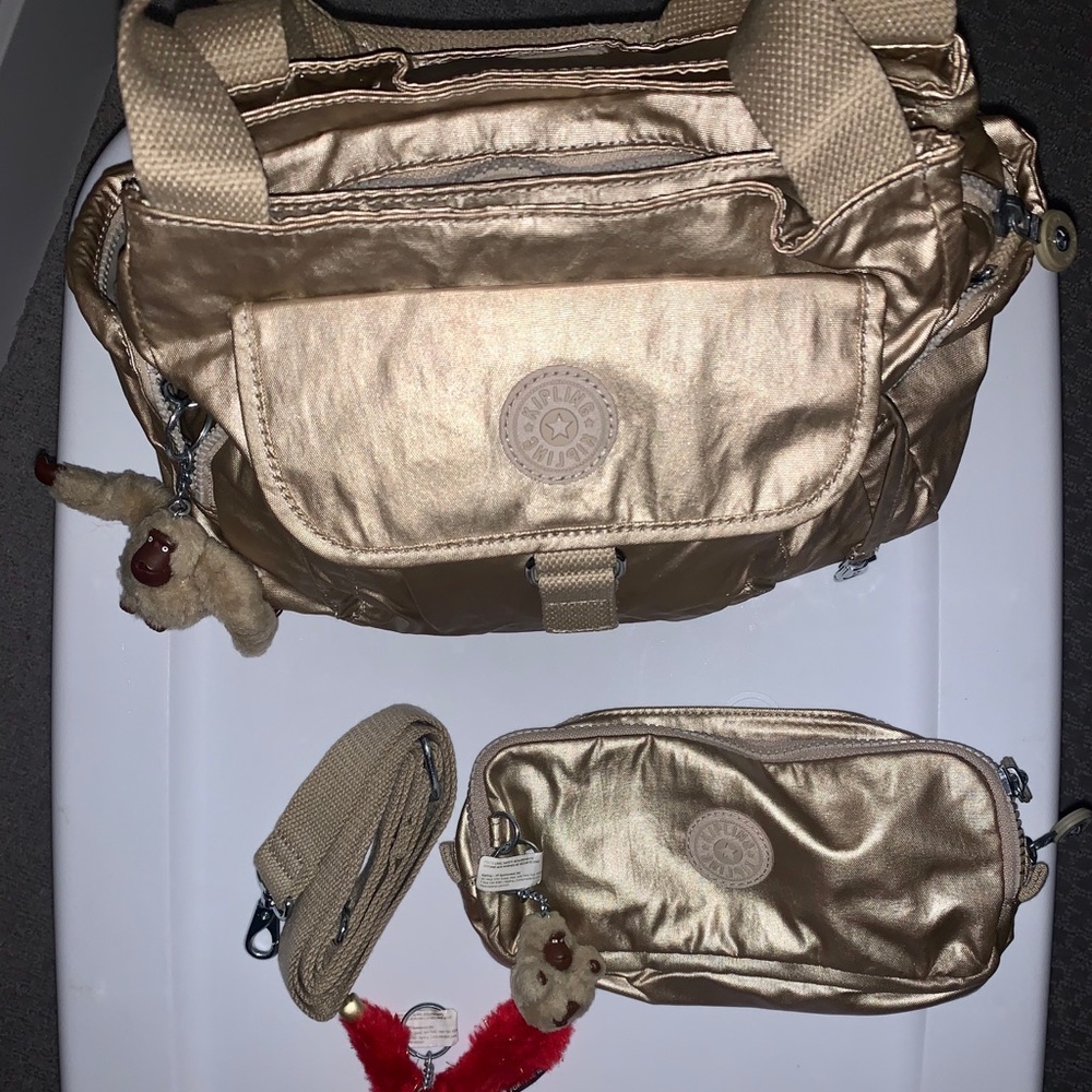 Kipling Cyrene Sparkly Gold Bag purse BUNDLE - Picture 3 of 6